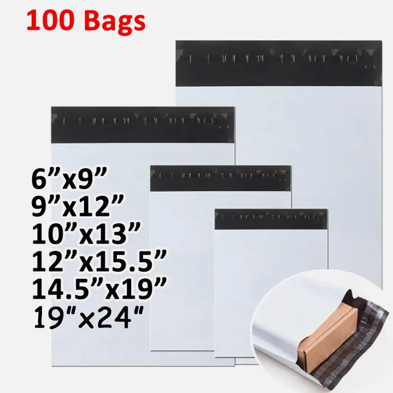 Sturdy Plastic Mailers Shipping Supplies - Pack of 100 Multi-Size Self-Sealing Postal Envelopes (6x9,9x12,10x13,12x15.5,14.5x19,19x24 in), Sturdy in Hand, Environmentally Friendly, Water-Resistant, Tear-Resistant Office Supplies with Black Inner Layer, Pl