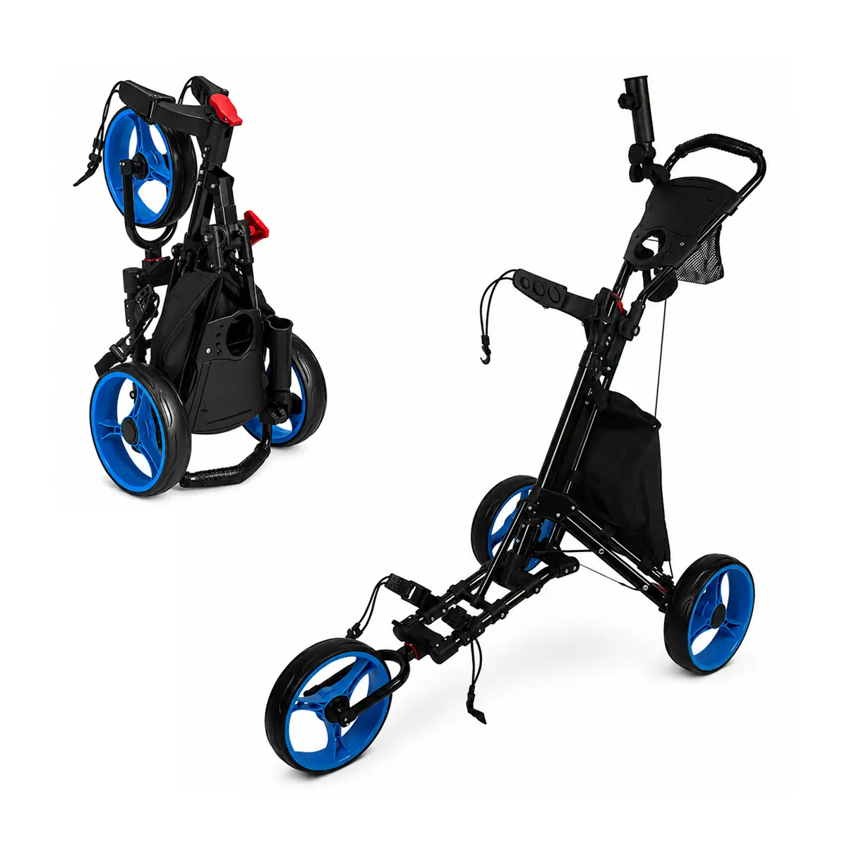 HOWTRUE Premium Foldable 3-Wheel Golf Push Cart, Equipped with Cooler Bag, Umbrella Holder and Storage Mesh Bag, Golf Cart