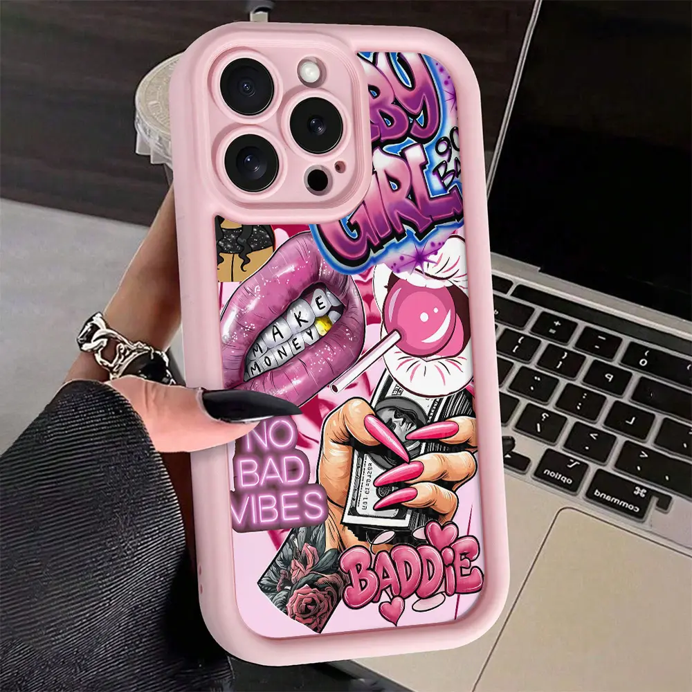 Pink Lips & Dollar Bill Print Soft TPU Rubber Casing for iPhone 17 Pro Max,16,16e,15,14 Plus,13,12 Mini,11,Air,X,XS - Shockproof, Rugged Smartphone/Cellphone/Handheld Devices Cover with Camera Protection, 2D Printed Gift, Accessories, Silicone
