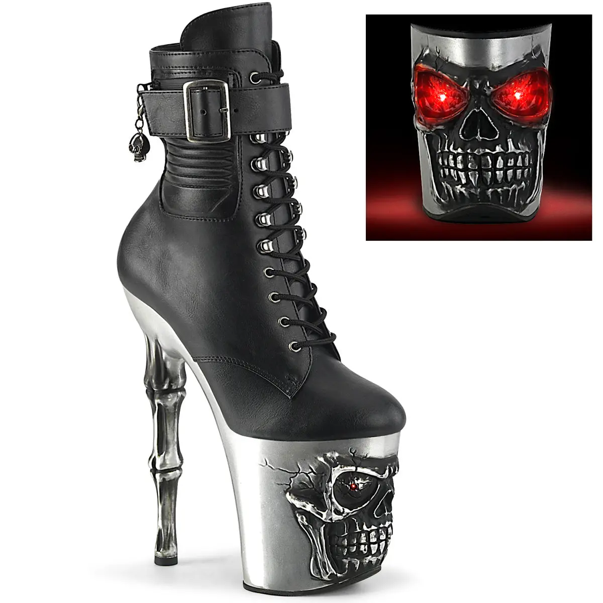 Pleaser Rapture-1020STR-LT Women's Synthetic Gothic Ankle Boot - Decorative Skull Platform, Lace-Up, Black Vegan Leather-Silver, USB-Chargeable Lights, All Seasons, Evening Alt Fashion Statement Footwear, Alt Outfits, Alternative Style, Statement Shoes, Z