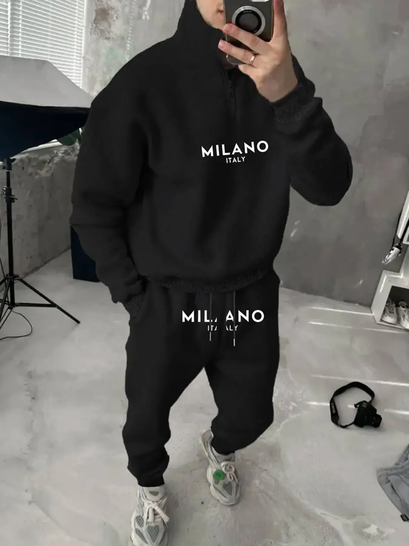 Men's Milano Italy Print Sports Set, Half-Zip Hoodie & Joggers, Warm Comfortable Streetwear, Casual Daily Wear, Urban Gatherings