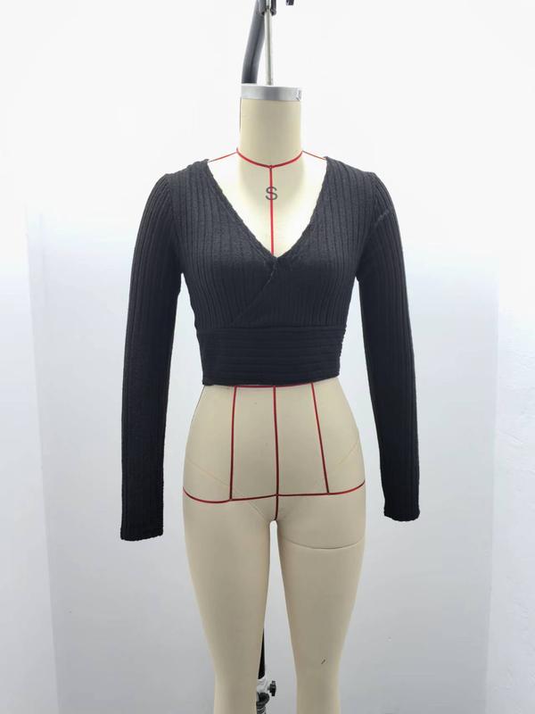 Short Deep V-neck Slim-fit Long Sleeve Knitted Sweater in Apricot & Black for Winter Pullover Style Thick Polyester Plain Design