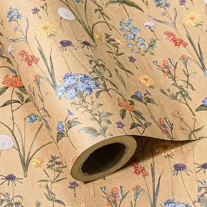 WRAPAHOLIC Kraft Floral Wrapping Paper Roll, 17 in x 9.8 ft Mini Roll, Vintage Toile, Wildflower, Watercolor, Sunflower & Colorful Flower Designs for Women’s Birthday, Wedding, Bridal Shower, Baby Shower & Mother’s Day Gifts, Creative Gift Packaging, Gift