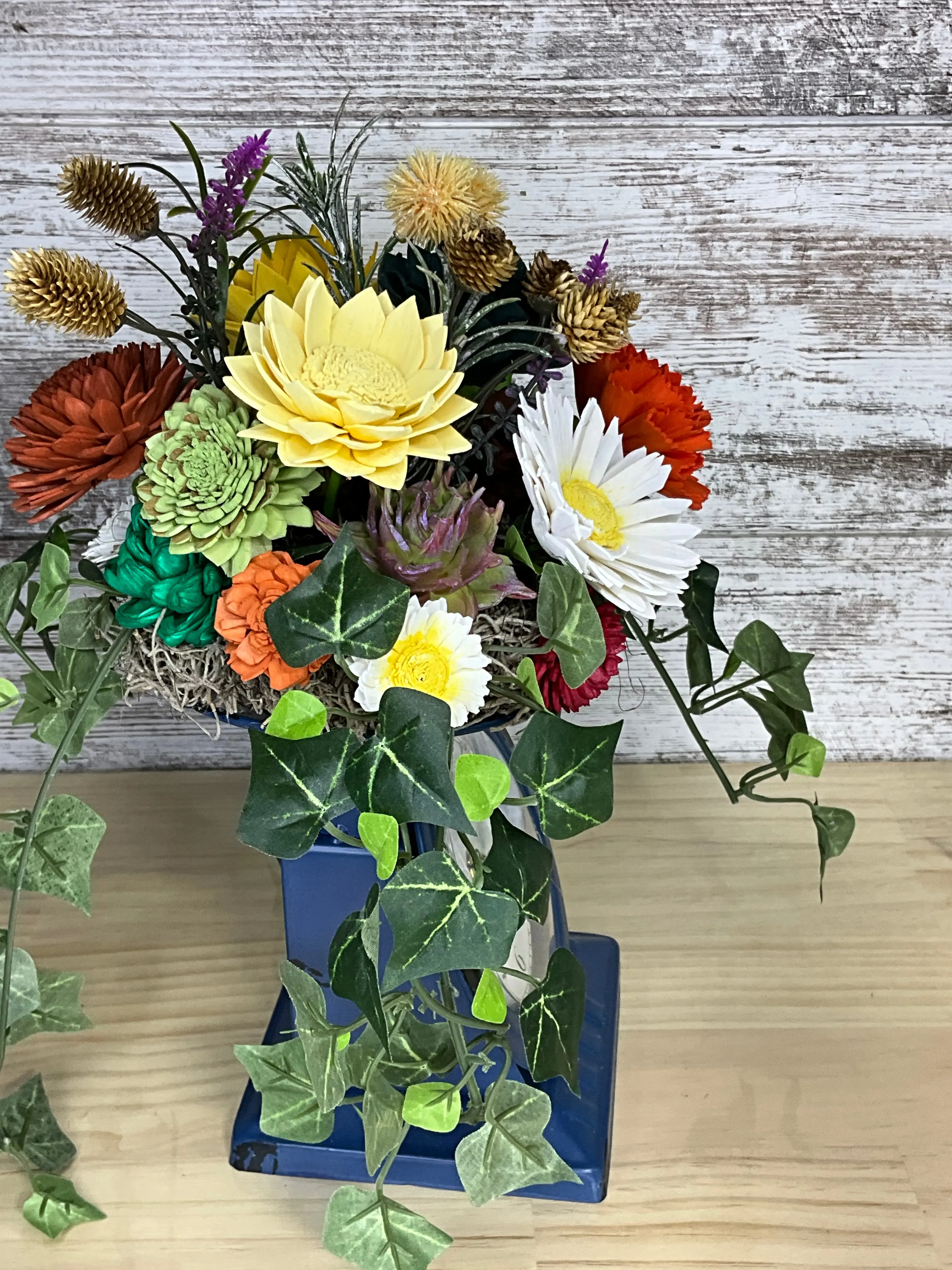 Sola Wood Flower Bouquet Arrangement in Vintage Clock Vase, Moss & Sunflower-Accented Home Decor Piece for Room Styling