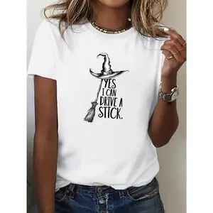 1pc Women's Witch Graphic T-Shirt - "Yes I Can Drive a Stick" Print, Casual All-Season Sportswear, Black with White Lettering, Round Neck, Short Sleeve, Machine Washable