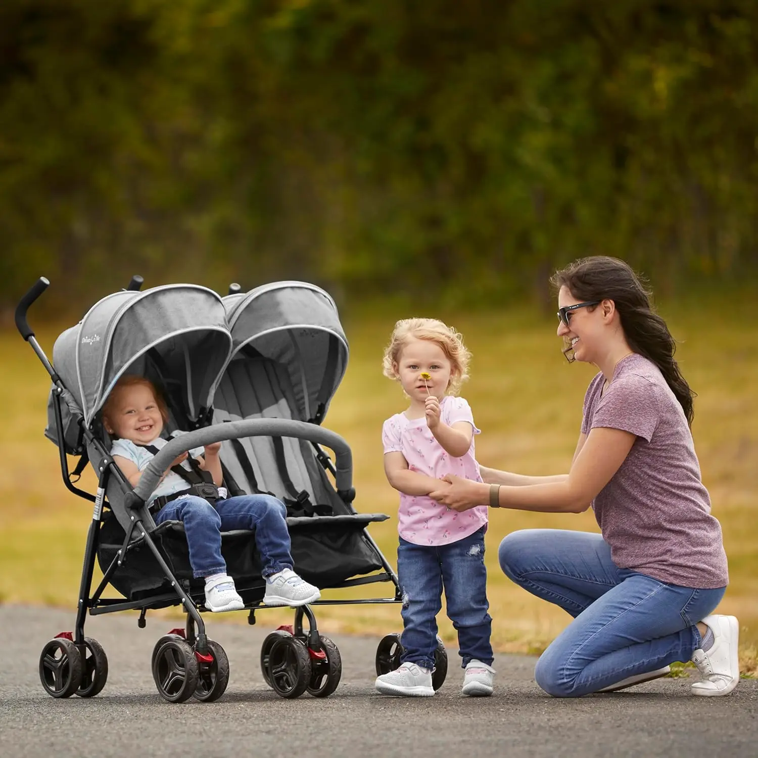 Side by Side Double Stroller for Twins, Compact Travel Size with Umbrella Fold, Breathable Fabrics & 5-Point Harnesses - Dark & Light Grey