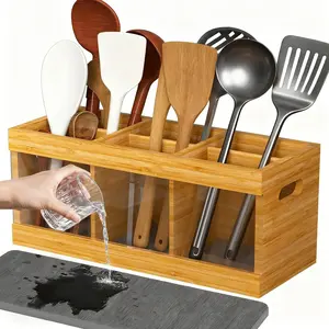Garvee Bamboo Utensil Holder for Kitchen Countertop with 6 Compartments and Diatomaceous Earth Drying Mat, Natural Wood Silverware Organizer for Home and Party