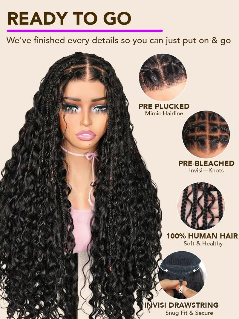 13x6 Boho Curls Braided Wigs Human Hair Pull Go Drawstring Cap HD Full Lace Frontal Wig Knotless Pre Cut Lace