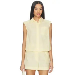 SIMKHAI Winslow Short Sleeve Cropped Shirt in Buttercream Stripe