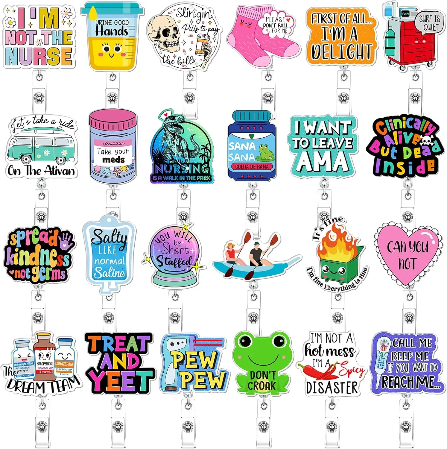 Funny Nurse Badge Reels 10/12/24/36PCS, Cute Retractable Badge Holder Set, No Repeat Acrylic ID Badge Clip, Badge Buddy Nursing Supplies for Nurses, Doctors, RN, LPN, Teachers, Office Workers, Coworker Gift Set