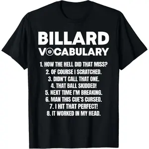 100% Cotton Funny Pool Billiards Vocabulary T-Shirt