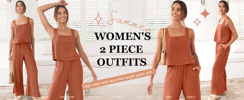 ANRABESS Women's 2 Piece Outfits Square Neck Linen Sleeveless Tank Crop Top Wide Leg Pants Matching Lounge Set Summer Tracksuit Casual Womenswear
