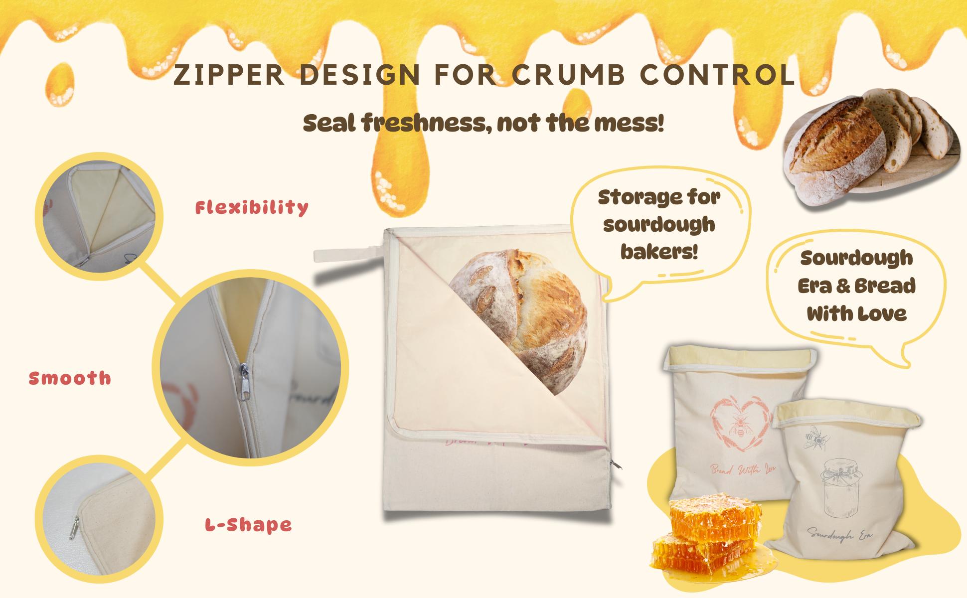 Wide Zipper Access Cotton & Beeswax Bread Bags for Sourdough (2 Pack) | Reusable Bread Bags for Homemade Bread | Cotton Beeswax Bags for Bread | XL Sourdough Storage | Beeswax Bags for Homemade Bread