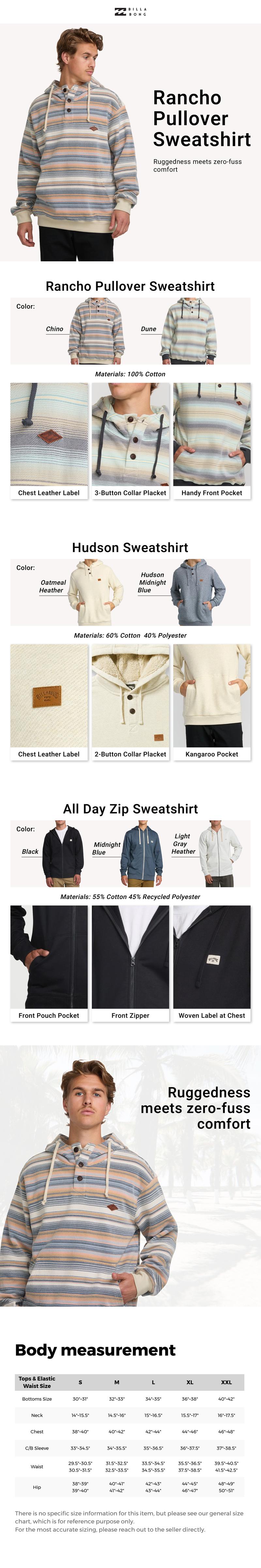 BILLABONG Rancho Pullover Sweatshirt Fleece Menswear Mid-weight 3-Button Collar Casual Tops for Everyday