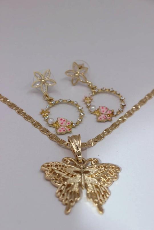 BUTTERFLIES fashion set regular chain style plain with earrings pink Gold-plated