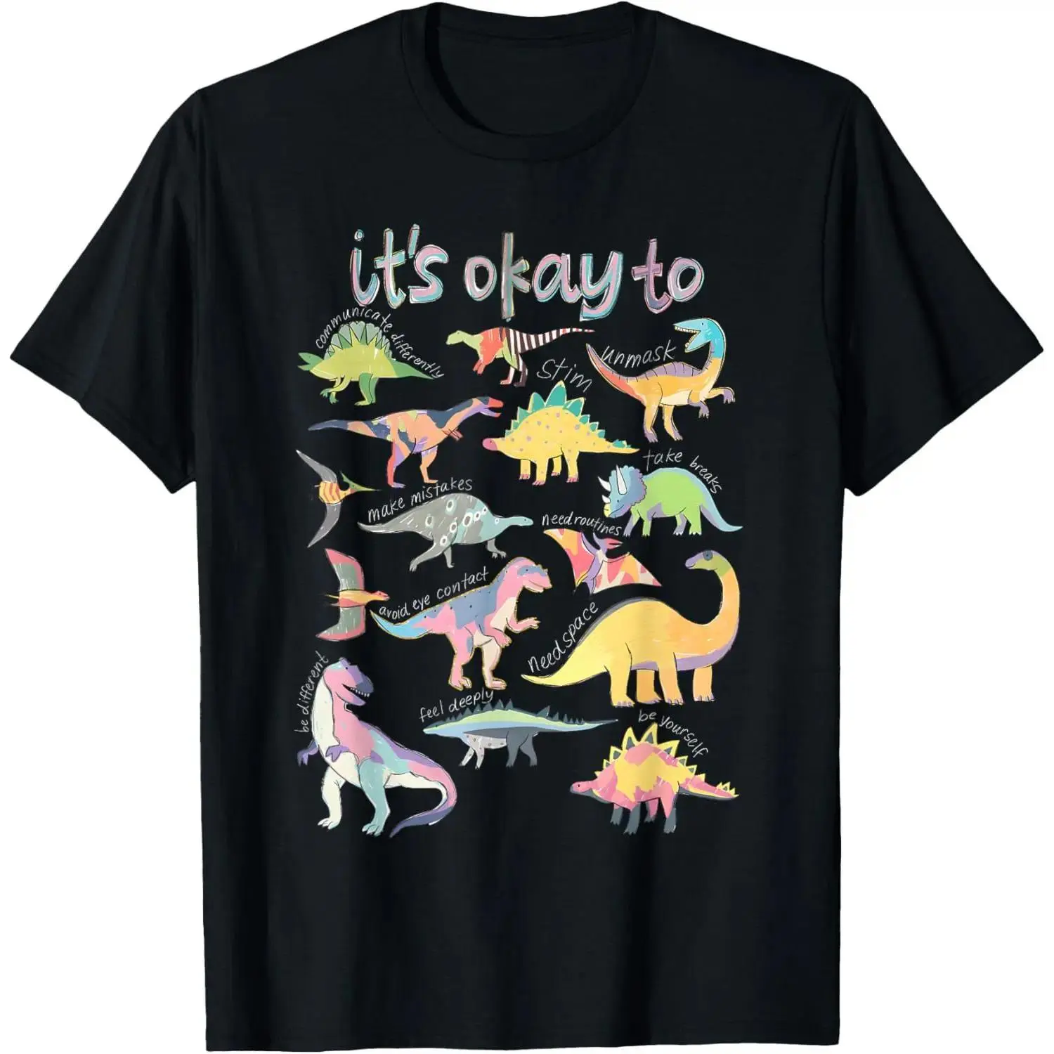 Unisex Cotton Short-Sleeve T-Shirt - Cute Dinosaur Neurodiversity Top, Autism Awareness, Stimming, Unmasking, Sensory Friendly, Mental Health Support, Everyday Comfortable Teacher Gift Casual Menswear Top