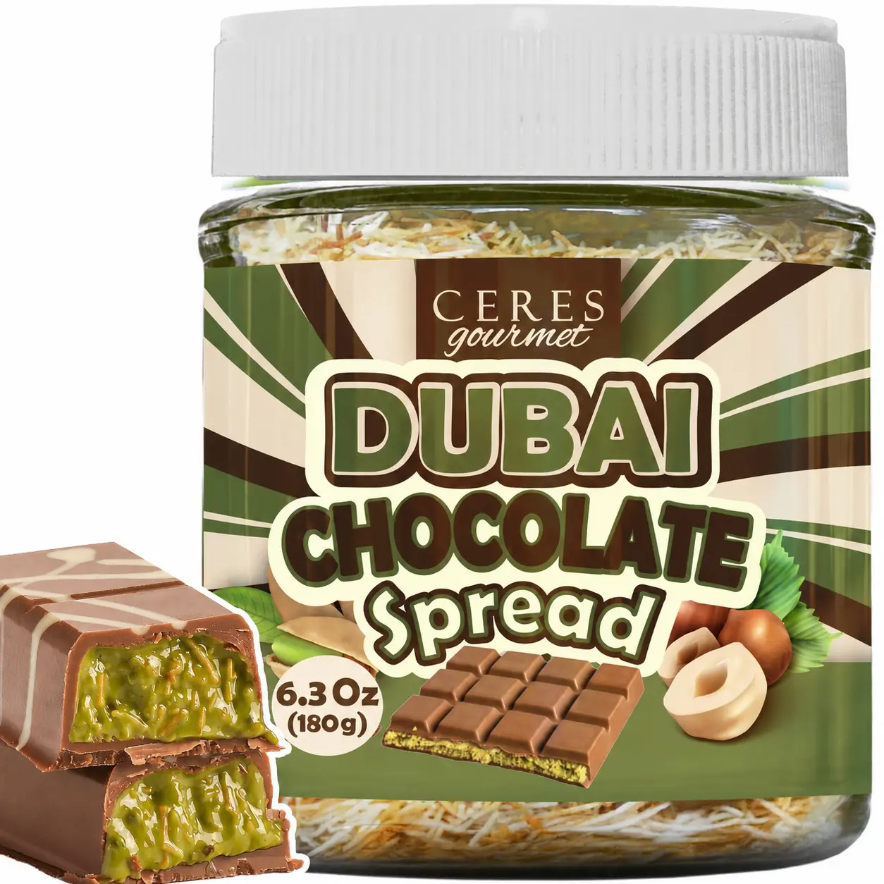 Dubai Chocolate Spread – 6.35 oz Jar with Pistachio, Kataifi & Gourmet Dubai Chocolate Filling for Pancakes, Breakfast, Snacks, and Desserts