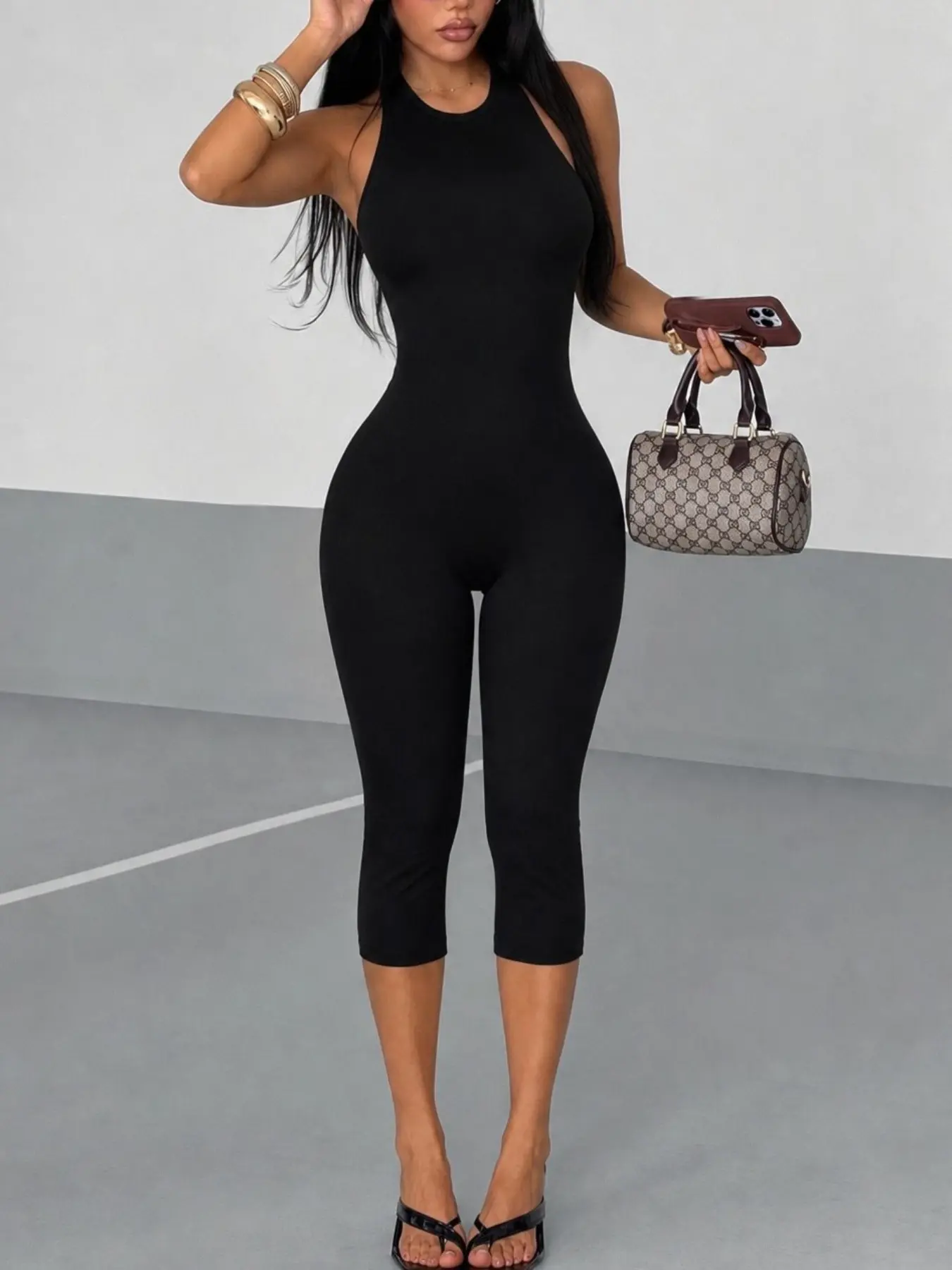 Women Black Halter Neck Sleeveless Jumpsuit Slim Fit Capri Length Form Fitted Playsuit Casual Daily Summer Wear Elegant Chic All-in-One Outfit Style Halter Neck Jumpsuits