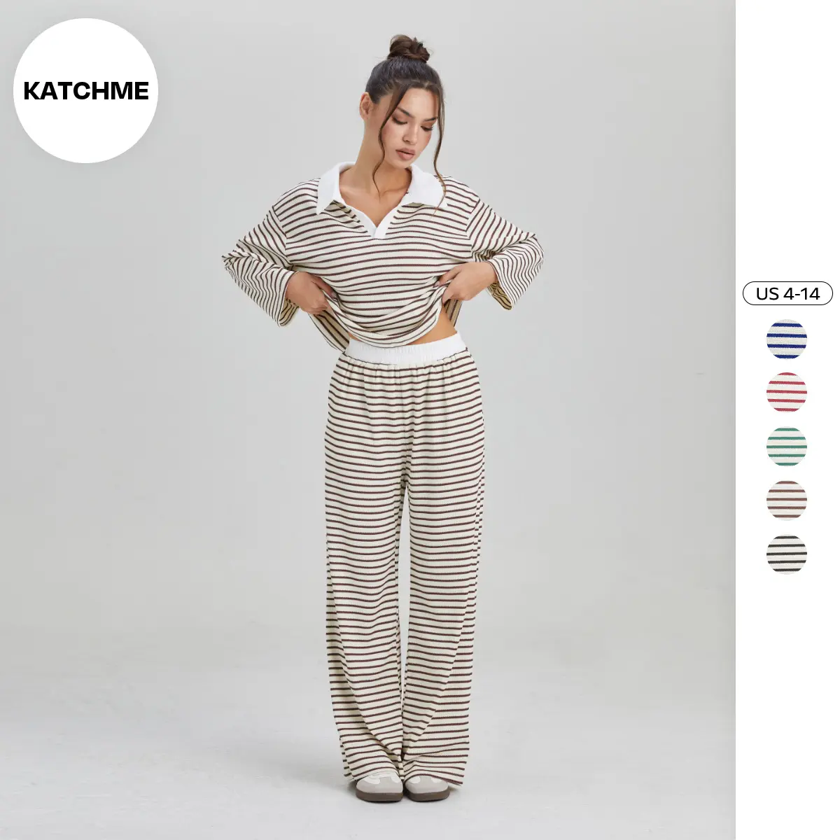 KatchMe Women's Casual Color Matching Stripe Long Sleeve Top & Wide Leg Trousers Co-ord, Soft V-Neck Loose Two Piece Outfits, Lounge Set Womenswear(2)