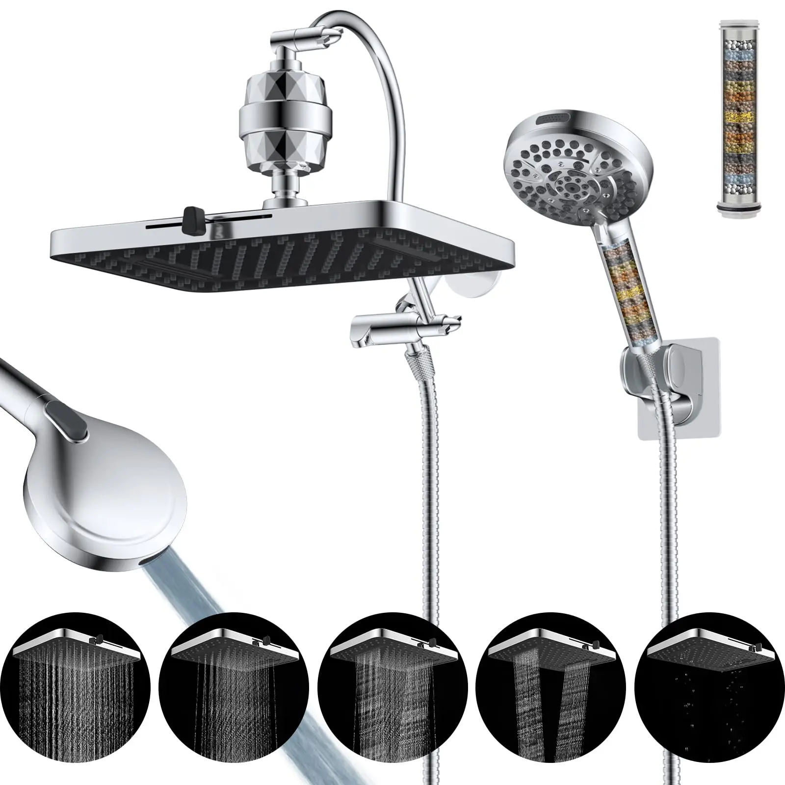 Hibbent Upgraded 5-spray 13'' Dual Filtered Rainfall Shower Head Combo, High Pressure 10-setting Handheld Shower Head with 12'' Adjustable Extension Arm, 20 Stage Shower Filter, 71'' Hose,,home essentials