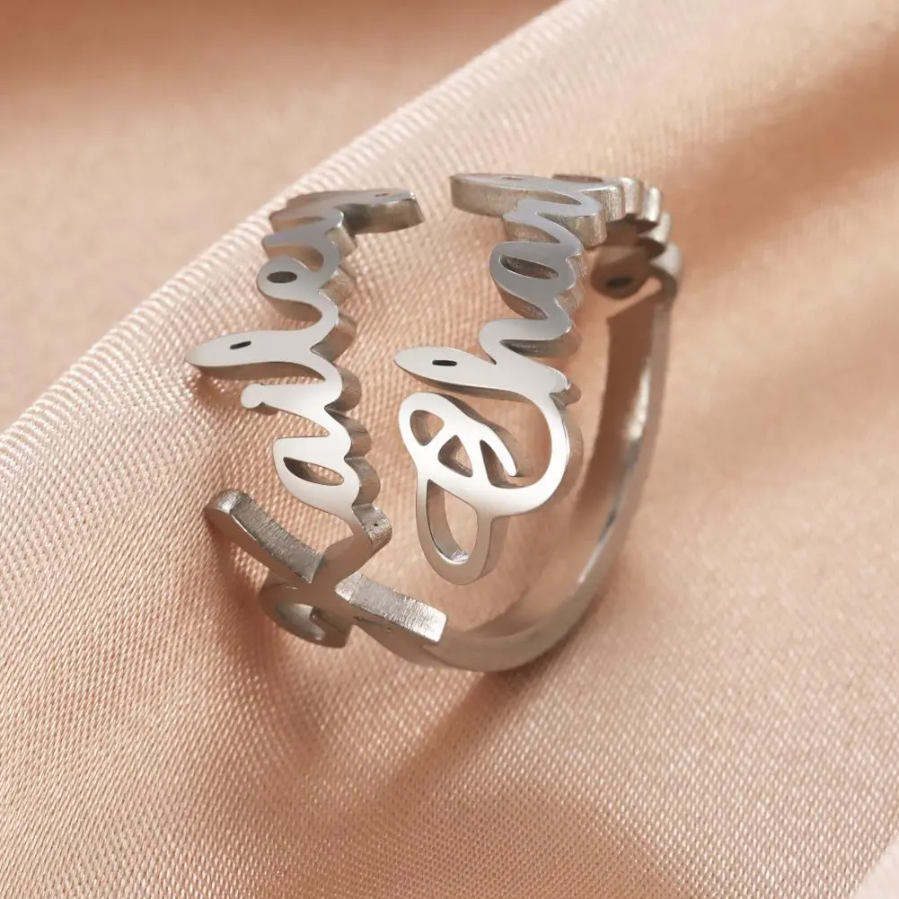 Teamer Personalised Custom Double Name Rings Stainless Steel Open Adjustable Couple Ring for Loved One Valentine's Day Gift