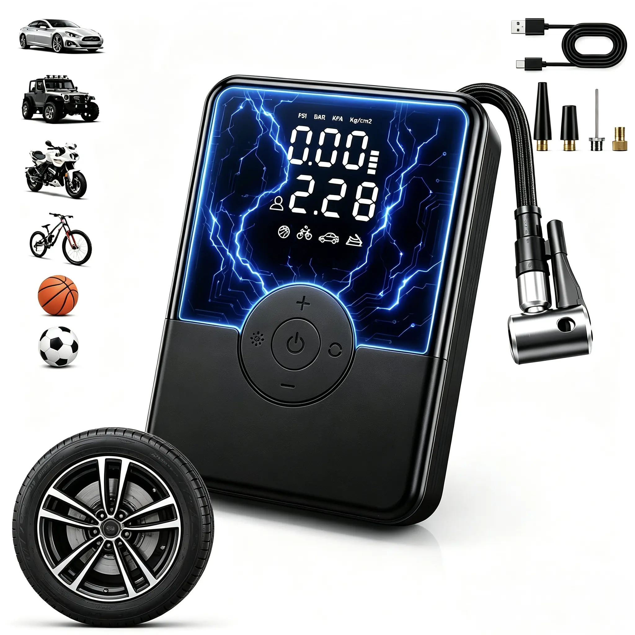 New Portable Tire Inflator 150 PSI, Cordless Air Compressor with Digital Pressure Gauge, Rechargeable Car Tire Pump with LED Light & Auto Shut-Off, for Cars, Bikes, Motorcycles & Sports Balls