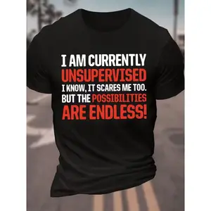 Funny Sarcastic Quote T-Shirt - "Currently Unsupervised" Print with Bolding Red Text, Casual Short Sleeve Round Neck Summer Tee