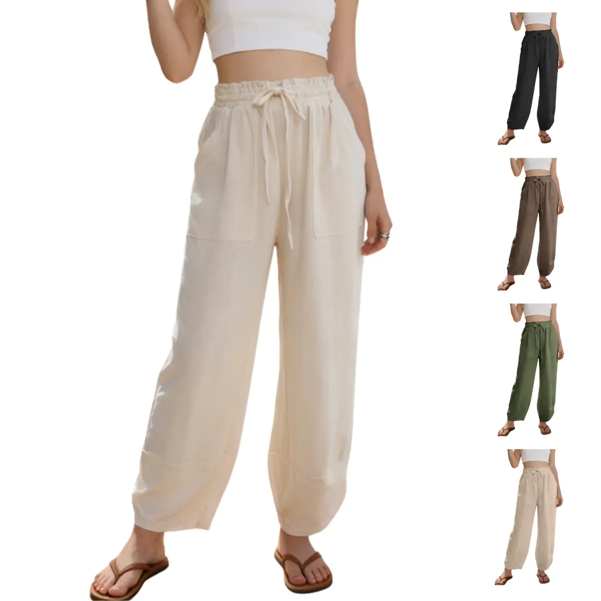 SCUSTY Women’s Linen Palazzo Pants Wide Leg Boho Elastic Waist Pants Summer Harem Lounge Capris with Pockets