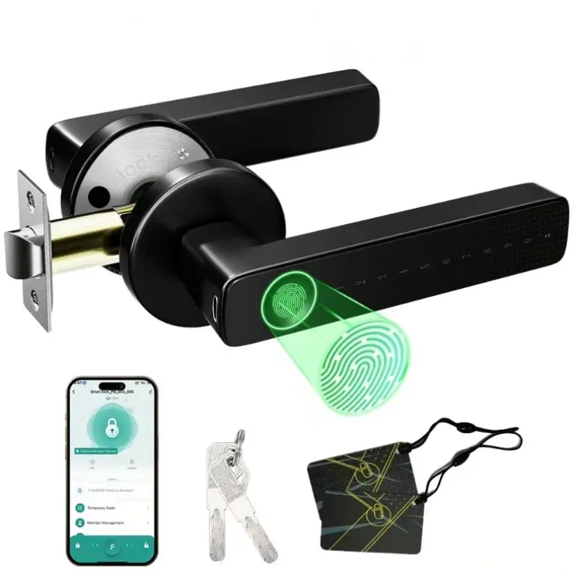 5-in-1 Smart Electronic Door Lock with Handle - Biometric Knob, App Control, Keyless Access, Code Entry, Auto Lock on Exit, Remote Sensor, Battery-Powered (Batteries Not Included) for Front Doors, Hotels - Smart Home Controls