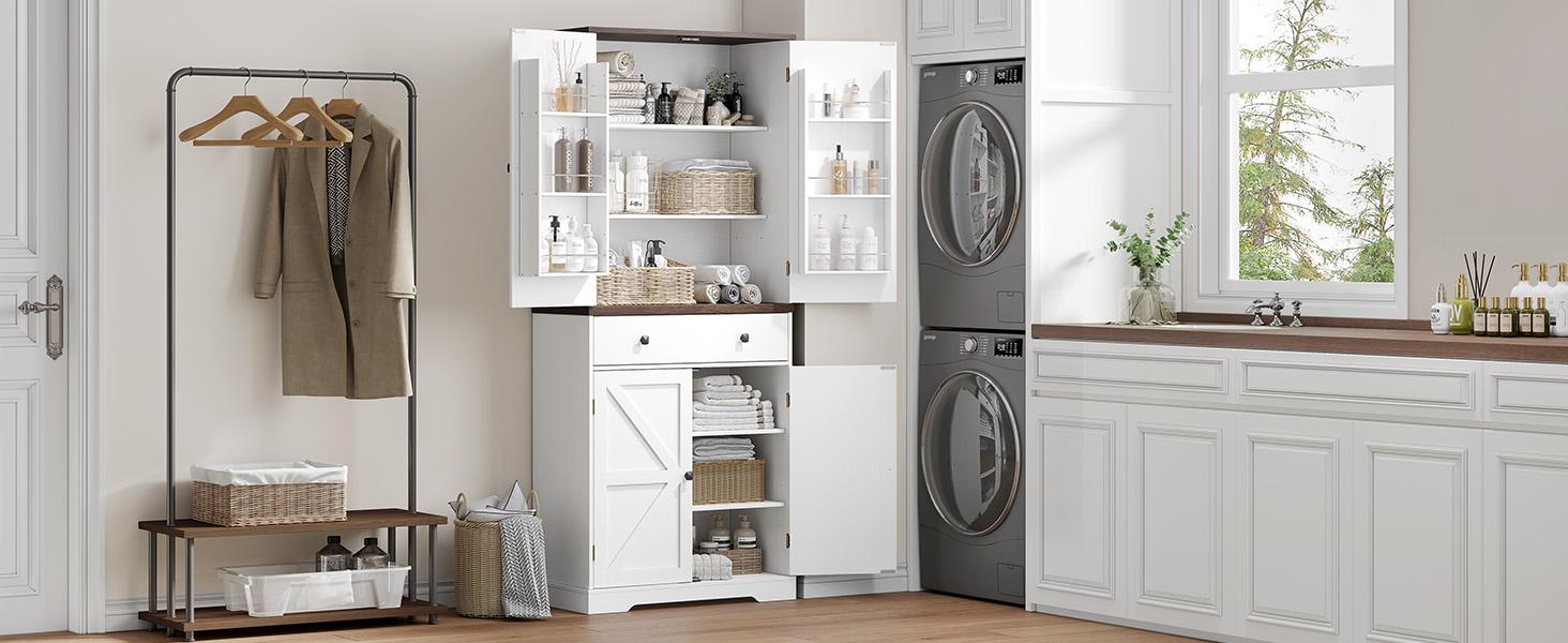 【SPOTLIGHT DAY】ONBRILL 71" Tall Farmhouse Kitchen Pantry Cabinet with 6 Door Shelves & Drawer Wood Storage Cabinet 2 Adjustable Shelves 4 Barn Doors Freestanding Cupboard for Kitchen Dining Room