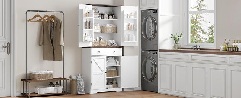 【Valentine's Day Gift】ONBRILL 71" Tall Farmhouse Kitchen Pantry Cabinet with 6 Door Shelves & Drawer Wood Storage Cabinet 2 Adjustable Shelves 4 Barn Doors Freestanding Cupboard for Kitchen Dining Room