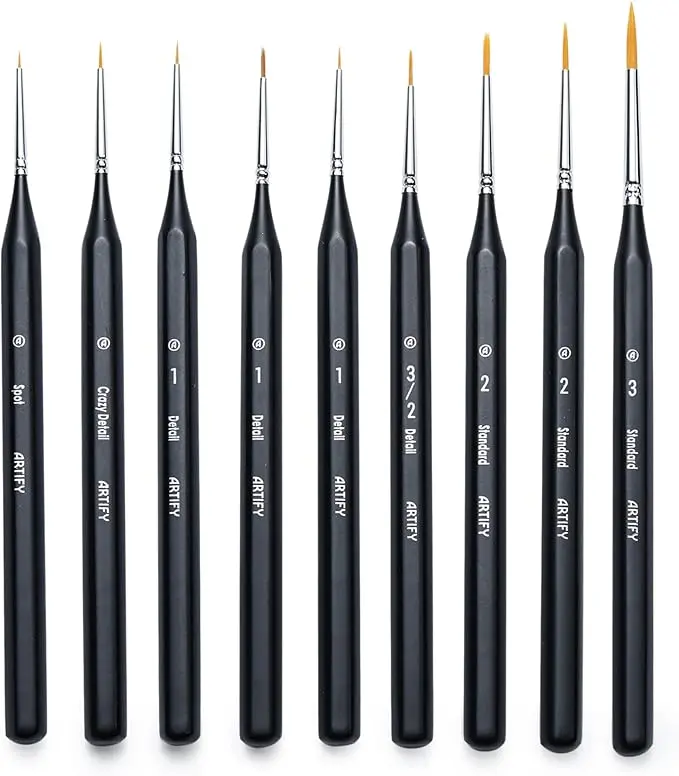 ARTIFY 9-Piece Round Miniature Detail Paint Brush Set - 0.5mm-3mm Width, 3.5mm-16mm Length, Precision Grip, Ergonomic Grip Eases Fatigue, Durable Painting Equipment for Model Builders, Home Improvement Paint Supplies