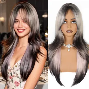 LushWig Long Straight Wigs with Curtain Bangs for Women Layered Synthetic High Density Heat Resistant Hair Wig for Daily Party