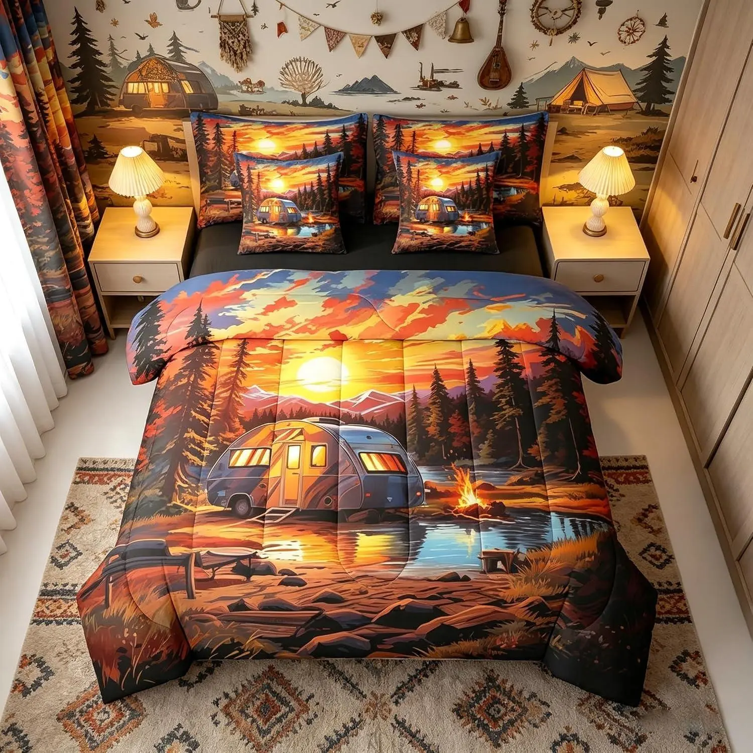 7 Pieces Camper Comforter Set,Camping RV Bonfire Sunset Bedding Set,Adventure Theme Bed in a Bag with Comforter,Fitted Sheet,Flat Sheet and Pillowcases