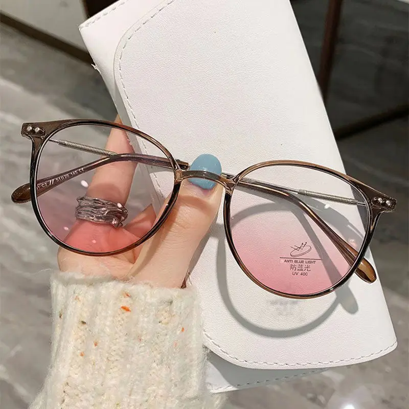 Anti-Blue Light Plain Glasses Ultra-Light Blush Cold Brown Color Korean Anti Radiation Eyeglasses Round Metal Frame Anti Fatigue Eyewear High Quality Eyewear