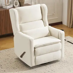 Swivel Rocker Recliner for Adults Glider Rocking Chair with Adjustable Headrest & Double Cushion Chenille White Nursery Manual Recliner with Side Pockets & Cup Holders