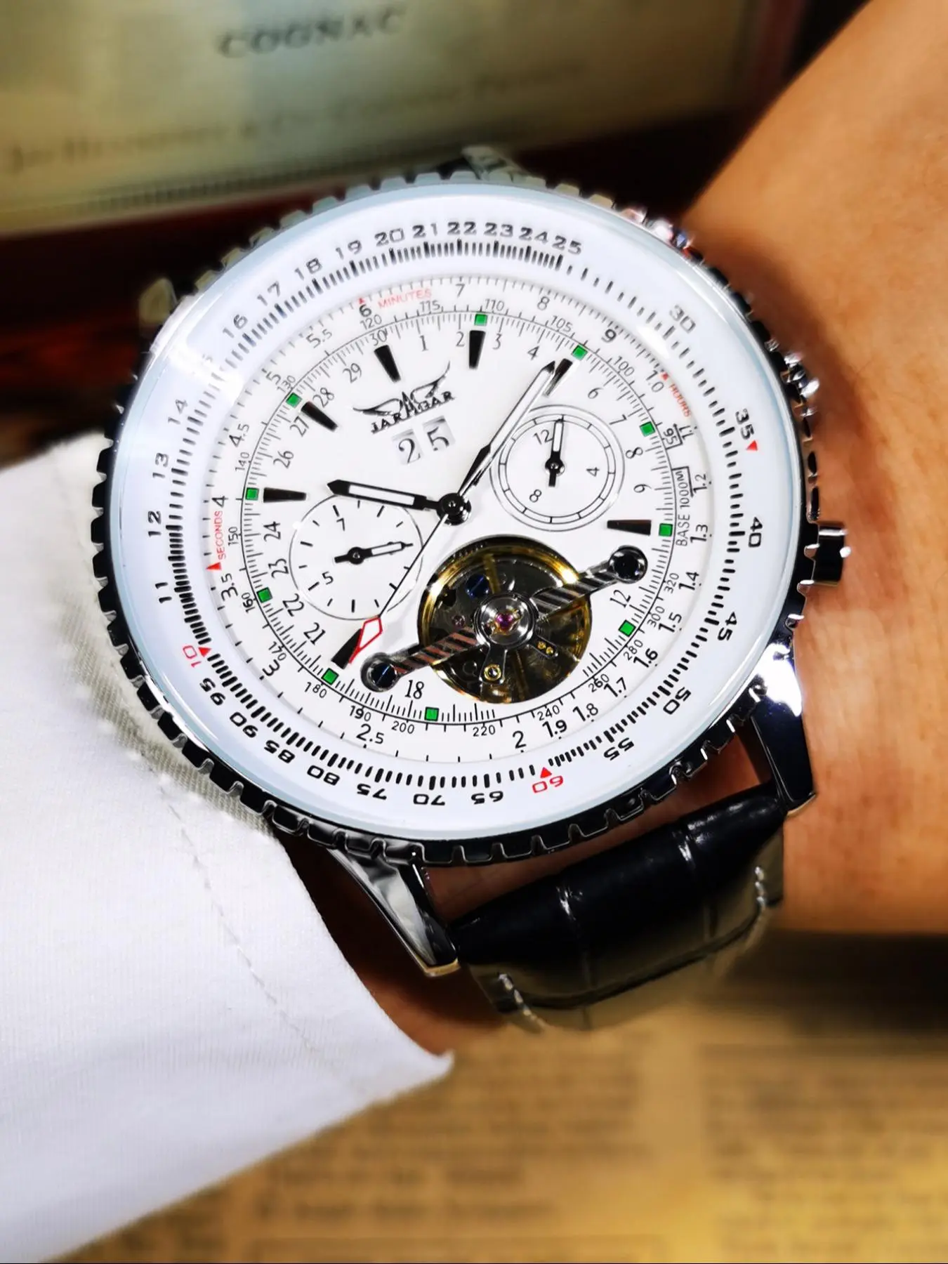 Men's Fashion Tourbillon Skeleton Automatic Mechanical Watch, Luminous Hands Multifunctional Small Dials Calendar Window PU Leather Strap Business Casual Classic Analog Watch, with Box, Automatic Watches