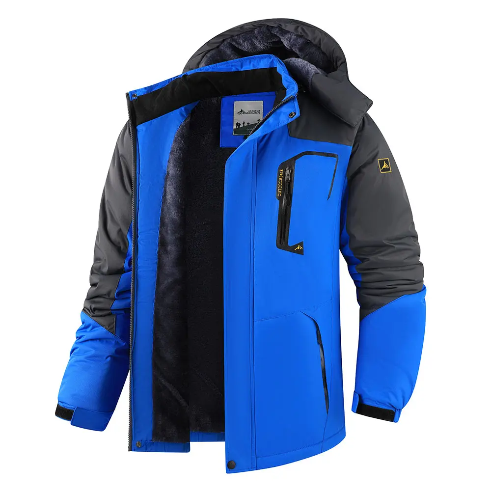 Pahajim Men's Hooded Colorblock Winter Parka - Waterproof Thermal Fleece Jacket for Skiing, Hiking & Biking, Fitted, Cuffs Seal Cold, Waterproof Shell campingessentials, Zip‑Secure Pockets