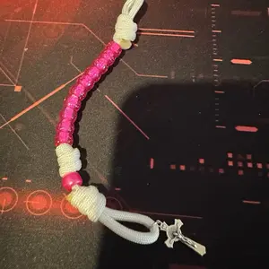 Paracord single decade pocket rosary blessed white and pink
