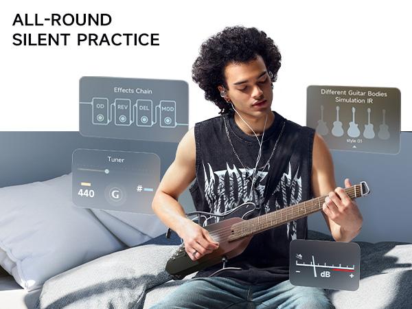 Donner HUSH-I PRO Acoustic-Electric Travel Guitar Kit with Sound Effects, Gradient Colors, USB-C Fast Charging