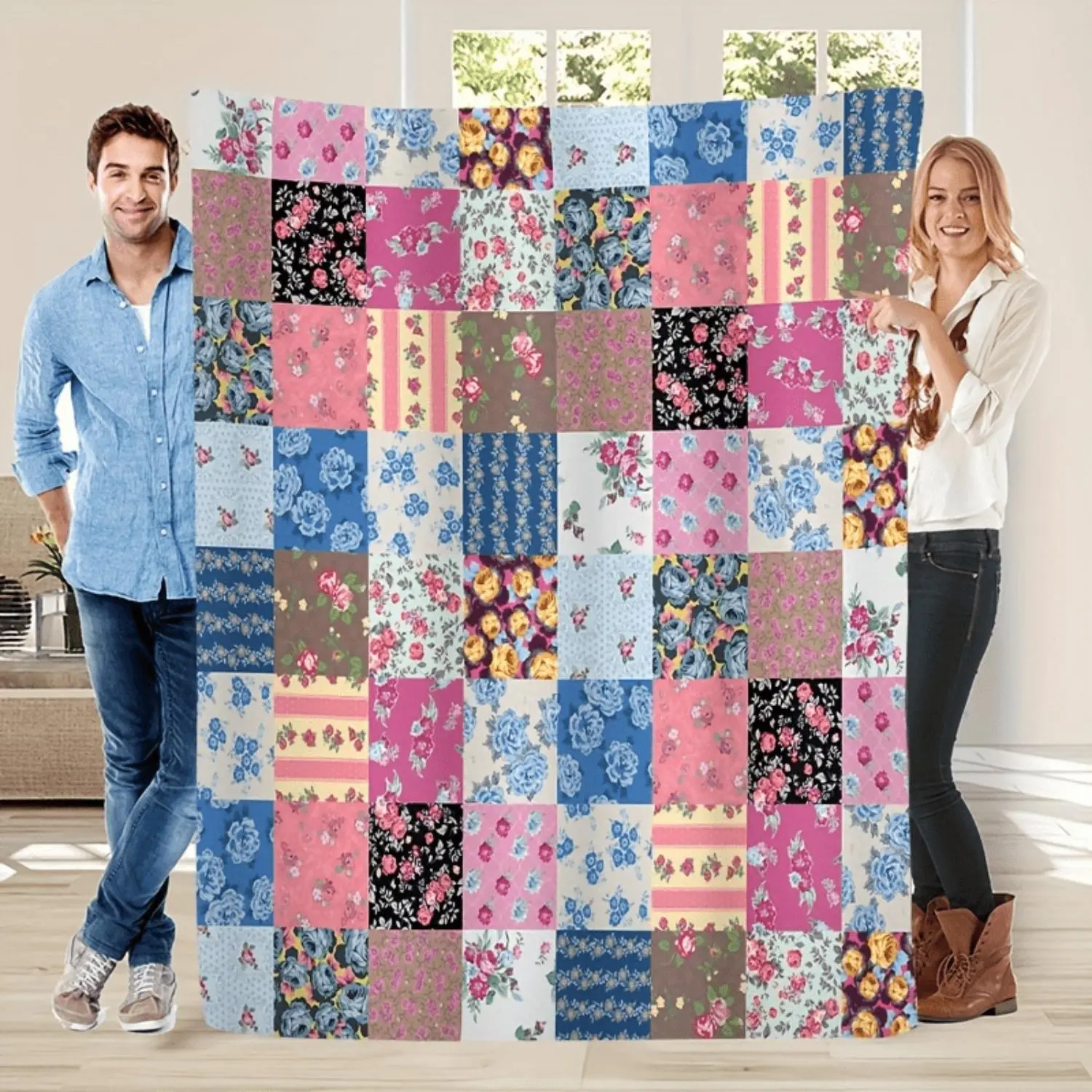 [1pc Vintage Cotton Fabric Tufted Weave Blanket] Soft, Warm, Lightweight 1pc Floral Patchwork Print Throw | For Sofa, Bed | Perfect Gift for Birthdays, Holidays, One-Piece