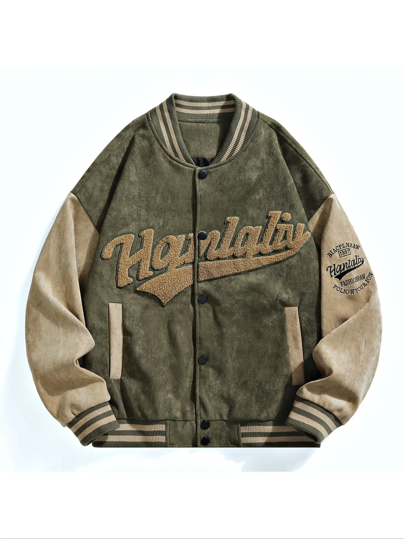Men's Patchwork Letter Embroidery Button Front Vintage Varsity Jacket, Casual Drop Shoulder Long Sleeve Baseball Collar Outerwear for Fall & Winter, Men's Clothes for Daily Wear, Casual Fashionable Jacket
