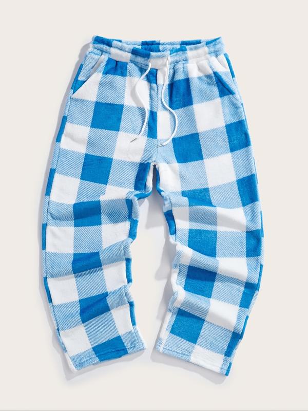 Unisex Plaid Fleece Print Drawstring Pants, Casual Daily Wear, Winter Warm Sleepwear, Christmas Gift, Long Pants