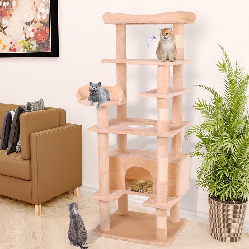PINGO HOME Cat Tree Tower with Multiple Levels, Sisal Scratching Posts, Large Condo, Climbing Ladder, and Plush Toys for Indoor Kittens - Pink Color