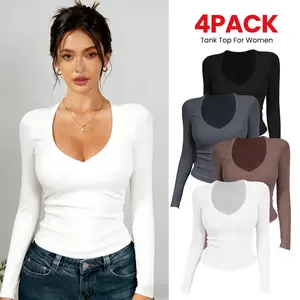 TCVC 4 Pack Women's Plus Size Short/Long Sleeve T-Shirts - ‌Lightweight Casual V-Neck Tops for Fall, ‌Breathable Loose Fit‌, Comfortable Basic Tees