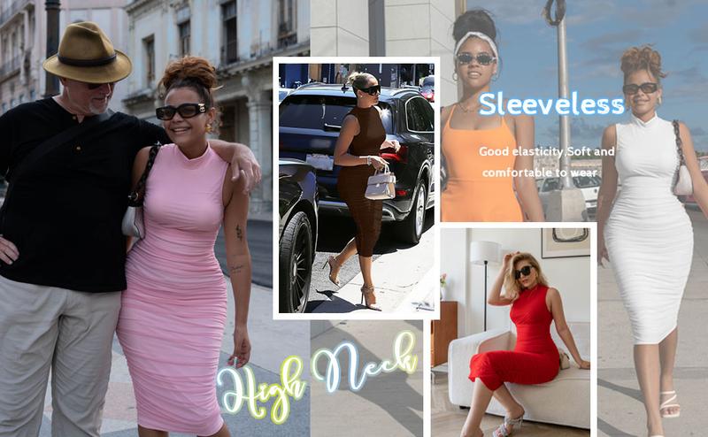 OYS Women's Sexy Bodycon High Neck Sleeveless Ruched Midi Cocktail Party Dress Formal Womenswear