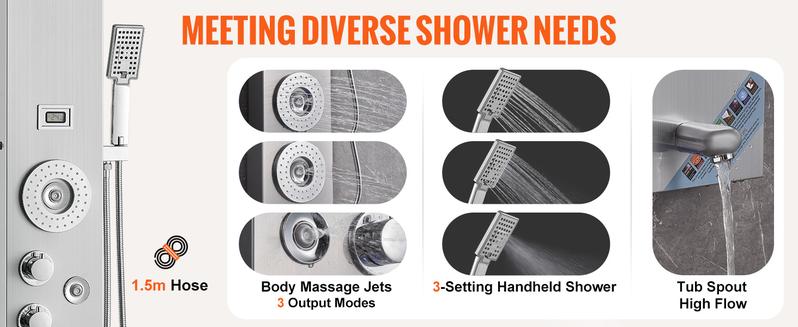 VEVOR Shower Panel System, TikTokShopBlackFriday, 6 Shower Modes, LED & Display Shower Panel Tower, Rainfall, Waterfall, 4 Body Massage Jets, Tub Spout, Handheld Shower Head 59" Hose, Stainless Steel Wall-Mounted Shower Set