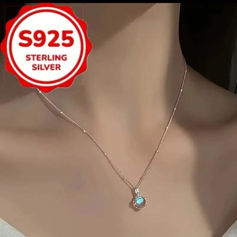 Simple 925 Sterling Silver Moonstone Pendant Necklace Suitable 4 Hypoallergenic Mosaic Material: Moonstone  Main Material : 925 Silver  Plating: Platinum Plated