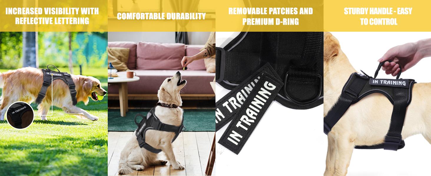 Service Dog Harness with Reflective Vest - Adjustable Soft Oxford Pet Harness with 5 Removable Patches Breathable Mesh Lining Easy Control for Small & Medium Dogs Geometric Design