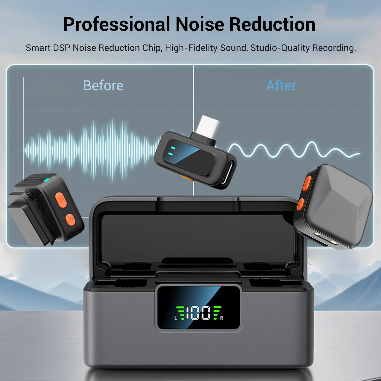 HITOZON Wireless Lavalier Microphone for iPhone Android With Charging Case Intelligent Noise Cancelling Plug Play Lapel Mic for Tiktok Youtube Video Recording Vlog Live Streaming